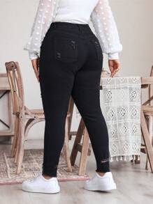 SHEIN LUNE Quần Jeans Denim Ôm Vừa Cỡ Lớn Thường Ngày Màu Trơn Co Giãn - màu đen - Xem 2