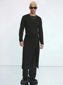 Manfinity UZERO 2入組男士鬆身編織休閒褲和直筒西褲，中腰長款，適合春夏穿著 - 黑色 - 查看 3