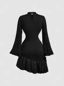 SHEIN MOD Elegant Black Asymmetric Hem Puff Sleeve Fuzzy Panel Long Sleeve Dress For Autumn,Bar Party,Formal,Goth,Renaissance & Homecoming Birthday Outfits - Black - View 2