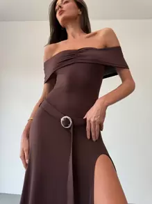 Aloruh Y2K Stylish Off Shoulder High Slit Fishtail Hem Maxi Brown Dress For Women - Brown - View 3
