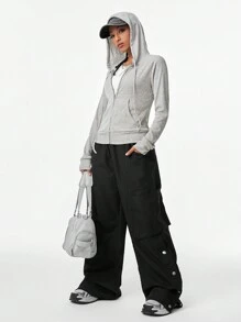 Muchica 女士秋季街头休闲微绒舒适紧身长袖连帽拉链运动衫 - 灰色 - 查看 3