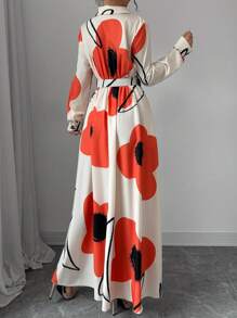 Chiquease Women's Lapel Neck Long Sleeve Button Front Allover Print Swing Dress Maxi Women Outfit Fall Cloth For Women