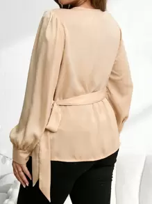EMERY ROSE Plus Size Women Champagne Wrap Twist Lantern Sleeve Elegant Blouse,Fall Women Shirts,Long Sleeve Women Blouses