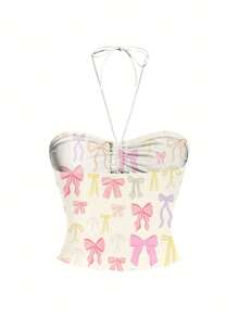 Duchess Plum Artist Y2K Women Bow Print Crop Halter Top, Holiday, Vacation, Spring, Beach, Going Out, Festival, Ibiza Fits