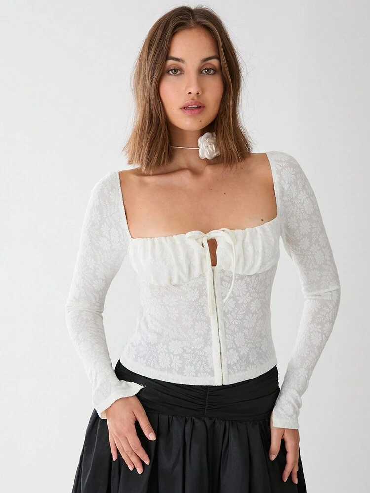 Autumn Romantic Women's White Sexy Sweetheart Floral Jacquard Front Tie Long Sleeve Fitted Elegant Blouse