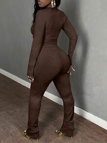 Slaydiva 2pcs Women Casual Basic Long Sleeve Crew Neck Crop Top And Drawstring Waist Skinny Sweatpants Set, Fall & Winter - Brown - View 3