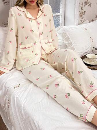 CottageSlumber Conjunto de pijama de top de manga larga con cuello y pantalones con estampado floral para mujer, temporada de vacaciones