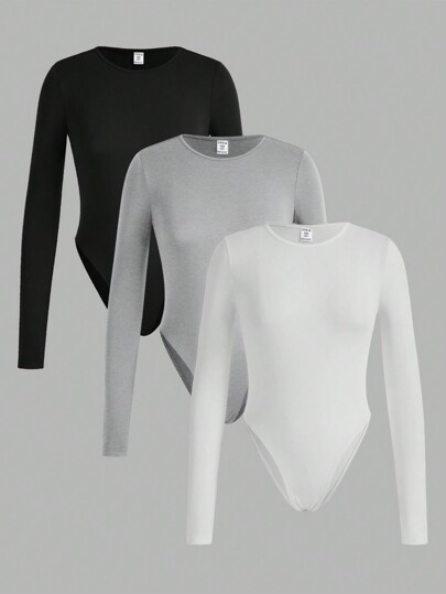 SHEIN Girlism Set da 2 pezzi per ragazze pre-adolescenti body a maniche lunghe semplice e casual con collo tondo