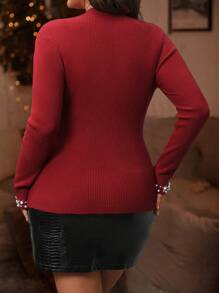 SHEIN Clasi Plus Size Pearl Embellished Crew Neck Casual Long Sleeve Sweater Knit Pullover Fall Winter - Red - View 2