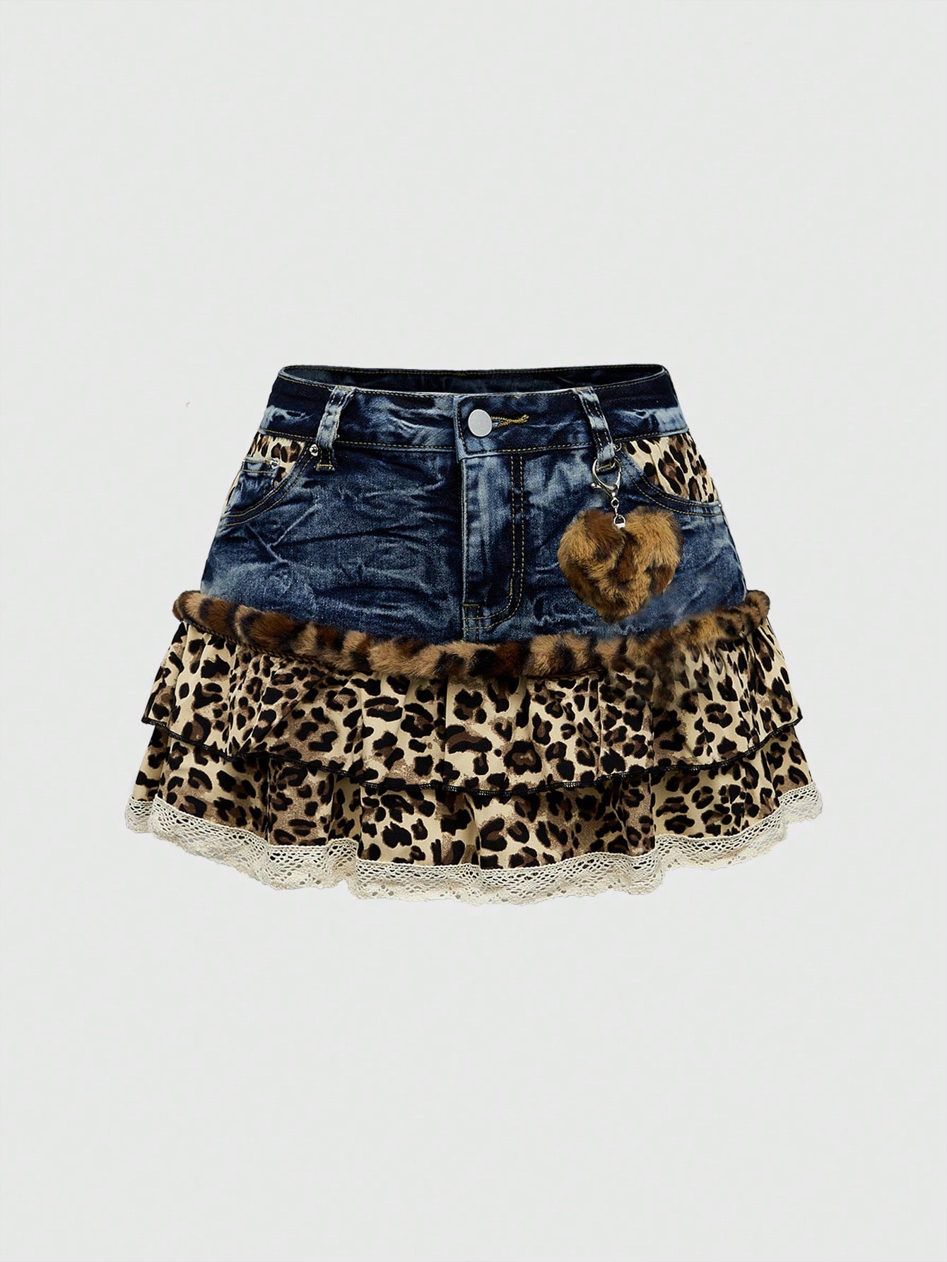 [RAIVE] Leopard Denim Mini Skirt in L ☆送料込☆ Front Pocket Leopard Denim Mini Skirt - Black and Brown
