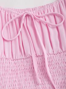 Sweetra Sexy Waist-Cinched Open Shoulder Puff Sleeve Pink Women Dress - Pink - View 5