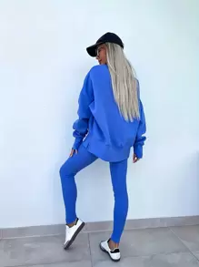 INAWLY 2pcs/Set Women's Solid Round Neck Drop Shoulder Long Sleeve Sweatshirt And Pants Casual Suit, Autumn Winter Fall Cloth For Women - Blue - View 3