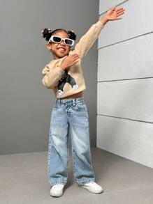 Young Girl Simple Button Front Pocket Casual Denim Jeans, School, Campus, College - Light Wash - View 2