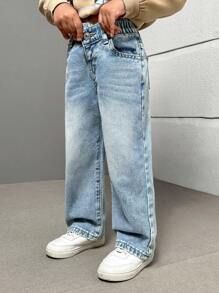 Young Girl Simple Button Front Pocket Casual Denim Jeans, School, Campus, College - Light Wash - View 5