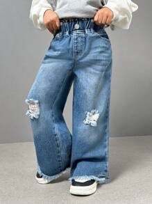 SHEIN Explorewe Young Girls Washed & Faded Denim Jeans - Medium Wash - View 11