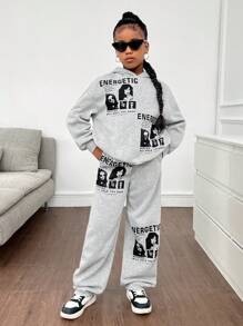 SHEIN Bộ quần áo hoodie rộng rãi và quần nỉ cho bé gái tuổi mới lớn có in hình chân dung và khẩu hiệu - Xám - Xem 6