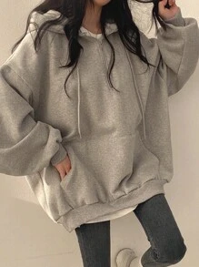 INAWLY 女士休闲纯色落肩长袖半拉链部分门襟口袋连帽衫，秋冬季连帽运动衫 - 淺灰色 - 查看 3