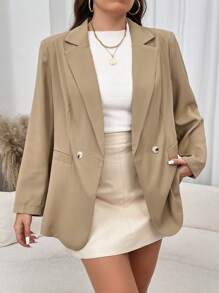 Flirla Blazer Kasual Warna Polos Ukuran Besar, Musim Gugur & Musim Semi - Khaki - View 5