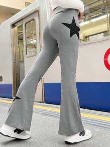 SHEIN Leap Crew 青少年女孩灰色针织弹力高腰五角星贴片休闲喇叭紧身裤
