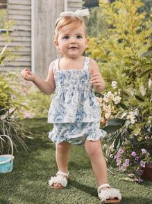 Baby Girls' Beach Holiday Style Floral Printed Shirred Cami Tank Top And Triangle Briefs Set For Summer