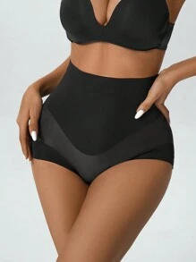 Women High Waisted Solid Color Shaping Briefs - Black - View 4