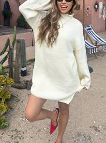 Chiquease Loose High Collar Oversized Chunky Knitted Sweater Dress Fall Cloth For Women - Beige - View 4