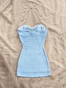 Soleia Vestido casual de resort romántico de cuello alto de punto blanco elástico con encaje para mujer, Vestido de graduación azul bebé de verano
