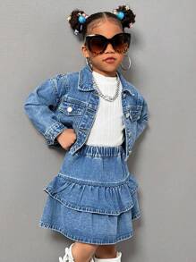 SHEIN 2pcs Young Girls Short Denim Jacket And Ruffle Trim Denim Skirt Set - Medium Wash - View 10