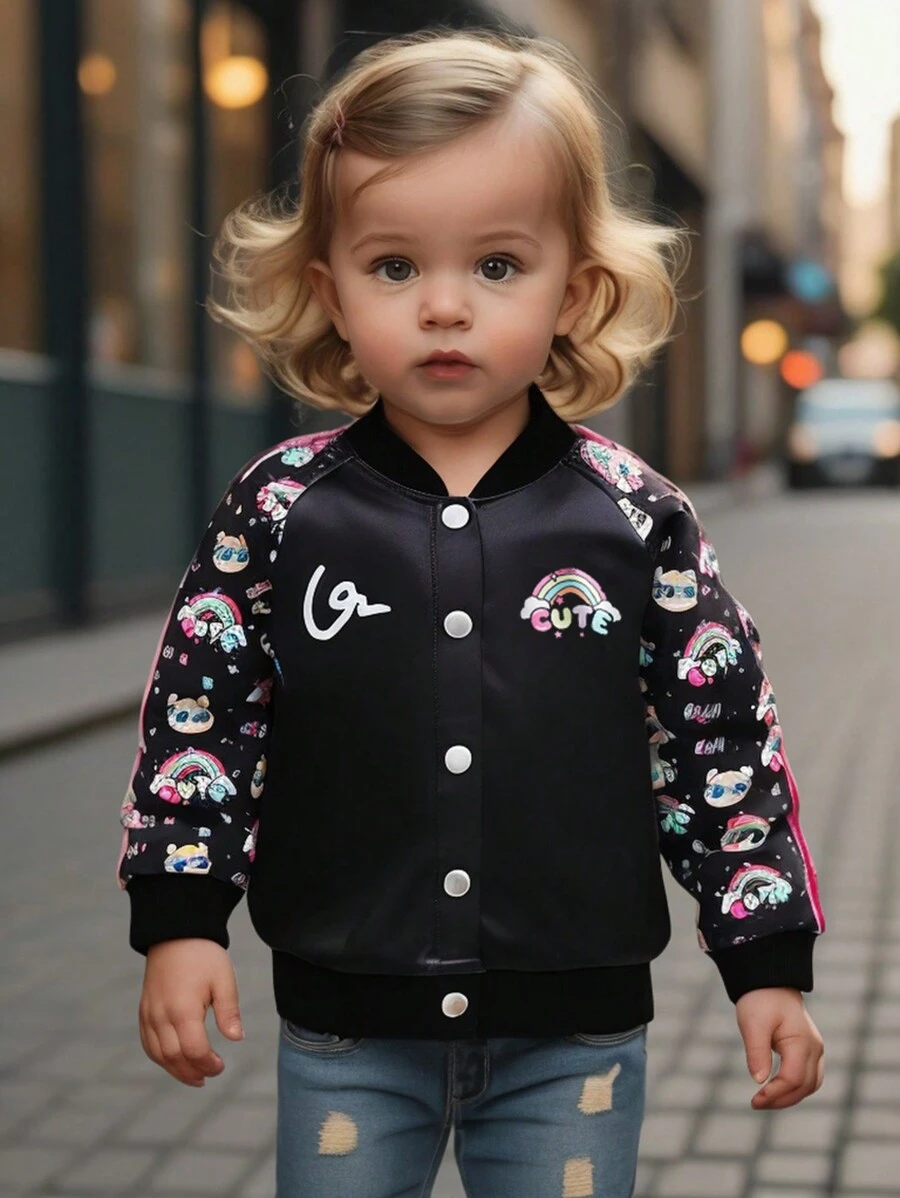 Baby Girl Rainbow Bear Graphic Casual Stylish Jacket, Bomber Jacket Baby Girl - Black - View 1