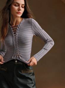 Anewsta Women's Solid Color Long Sleeve Hollow Simple Casual Sweater, Knit Pullover Fall Winter - Grey - View 6