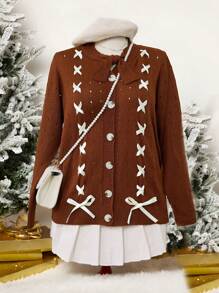 Sunnyshic Plus Size Stylish Christmas Sweater With Bow Tie Neck And Ribbon Decor - Brown - View 1