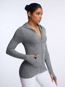 SHEIN Sports Áo thun thể thao trùm đầu cổ khóa kéo dài tay màu trơn cho nữ, mùa xuân và mùa thu - Xám - Xem 3