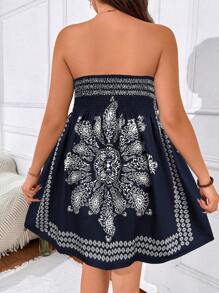 SHEIN Clasi Đầm dự tiệc mùa hè in họa tiết Boho cỡ lớn không dây - Màu xanh hải quân - Xem 2