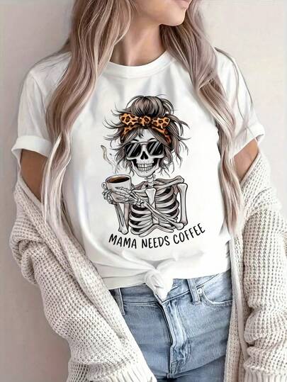 INAWLY Women's Casual Short Sleeve Letter & Skull Graphic T-Shirt, Summer Graphic Tees Women Tops