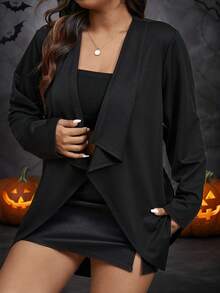 SHEIN Privé 大码优雅通勤休闲修身长袖无领荷叶边不对称轻便夹克 - 黑色 - 查看 3