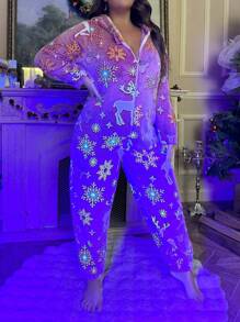 加大码圣诞驯鹿雪花印花保暖法兰绒连帽连体衣，带霓虹灯、夜光效果和蓬松感 - 紅色 - 查看 7