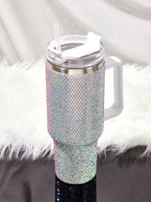 Bình nước giữ nhiệt bằng thép không gỉ 40oz, cốc và cốc có dung tích lớn có quai cầm, trang trí bằng đá giả kim cương và ống hút, bình nước cách nhiệt chân không dùng cho gia đình, văn phòng hoặc ô tô, trường học, cốc có thể tái sử dụng có ống hút nắp lật chống rò rỉ (màu trắng) làm quà tặng Giáng sinh cho ngày lễ - trắng - Xem 8