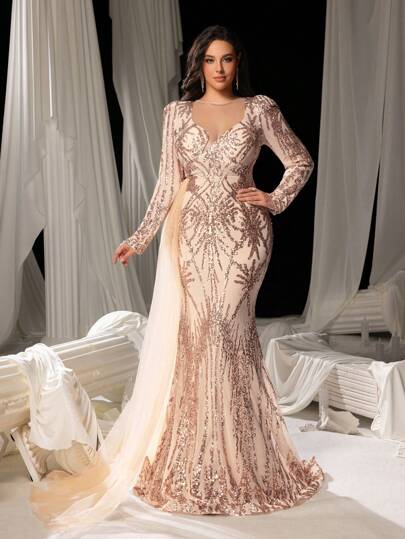 Faeriesty Robe de soirée sirène élégante à encolure en V avec paillettes scintillantes et traîne détachable transparente pour les banquets formels et la photographie de mariage des femmes