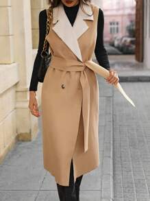 Chiquease Women's Color Block Lapel Sleeveless Knitted Blend Coat