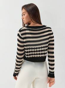SHEIN Unity Cardigan casual feminino listrado de manga comprida, outono/inverno - Preto - Ver 2