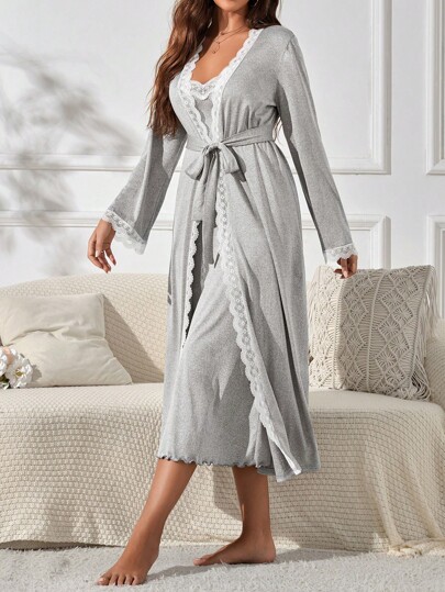 Long Sleeve Kanten Robe Spaghetti Strap Elegante Sleep Dress Pajama Set, Fall Clothes Cozy view 6