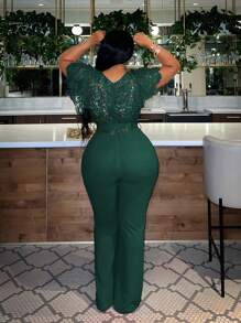 Slaydiva 大码优雅蕾丝拼布连体裤，夏季