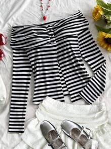 Soleia Blusa de manga larga a rayas blancas y negras, informal y adorable con hombros descubiertos, para mujer de talla grande, para vacaciones, graduación o regreso a la escuela