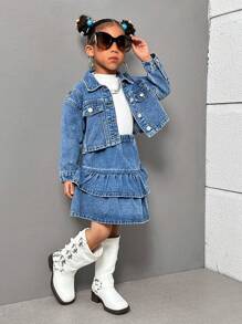 SHEIN 2pcs Young Girls Short Denim Jacket And Ruffle Trim Denim Skirt Set - Medium Wash - View 9