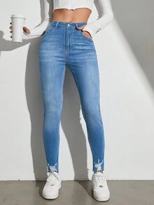 EURMUSE Stone Washed High Waisted Skinny Jeans - Blue - View 5