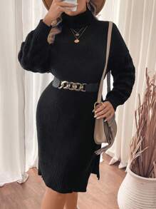 SHEIN Clasi Vestido de suéter de cuello alto de manga larga con textura talla grande