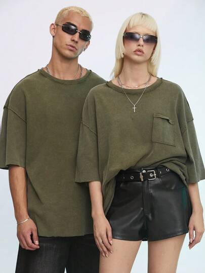 Manfinity VCAY Men's Knitted Casual Round Neck Short Sleeve T-Shirt With Drop Shoulder, Suitable For Daily Wear In Spring And Summer