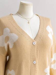 Soleia Plus Size Women V-Neck Button Front Loose Floral Textured Cardigan In Beige And White - Khaki - View 4