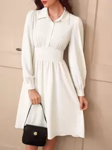 Vintamour Eleganckie damskie ubrania biurowe w stylu vintage, dopasowana koszula z kołnierzykiem, biała sukienka koszulowa z długim rękawem, letnia/jesienna sukienka dla gości weselnych, sukienki na powitanie, eleganckie sukienki midi dla kobiet, renesansowy jarmark, sukienka na Święto Dziękczynienia, ubrania dla kobiet biznesowych, sukienka na przyjęcie herbaciane, sukienka do kolan, koreańska moda, stare pieniądze, biznesowy casual dla kobiet