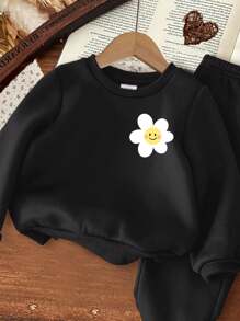 SHEIN Conjunto talla grande grueso de sudadera de cuello redondo con estampado de dibujos animados informal para niña, adecuado para otoño e invierno - Negro - Ver 3